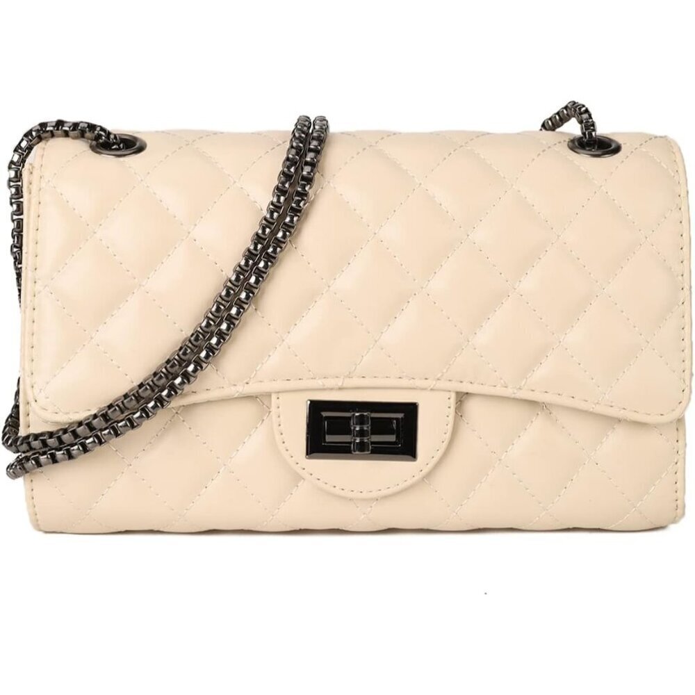 Women Beige PU Quilted Stylish Crossbody Bags with Chain Strap & Flap Closure